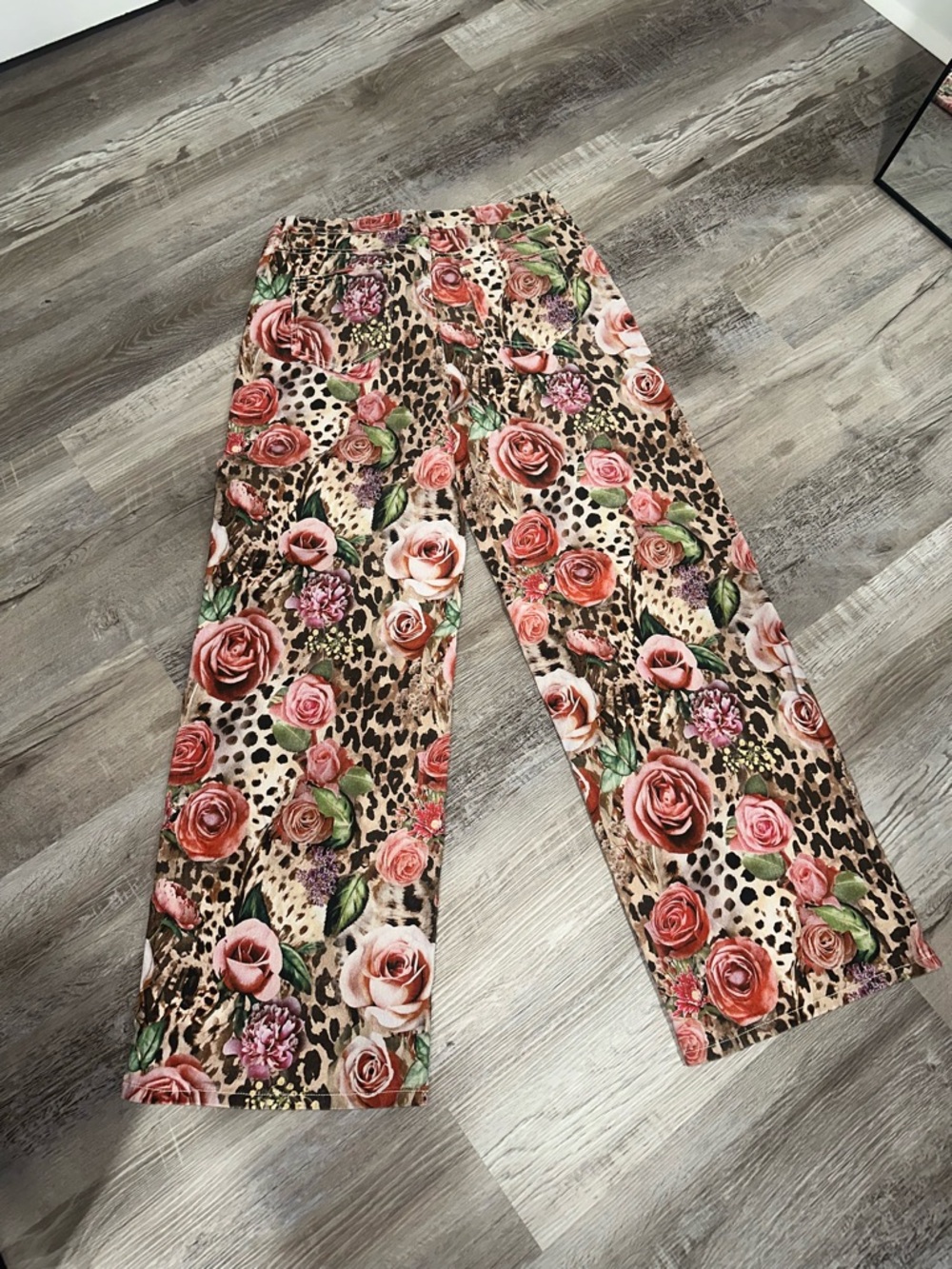 Fashion Nova Floral Rose & Leopard Print Wide Leg Pants - Pink, Green, Brown - Picture 4 of 7